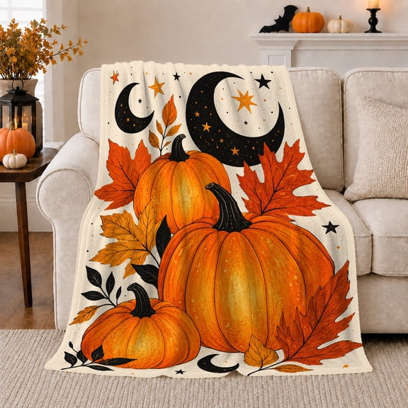 Pumpkins and Leaves under Crescent Moon, Festive Whimsical Art for Halloween Fans, Moonlit Harvest Motif and Halloween Gift, Cozy Flannel Blanket for Family Room and Bedroom, Seasonal Home Decor