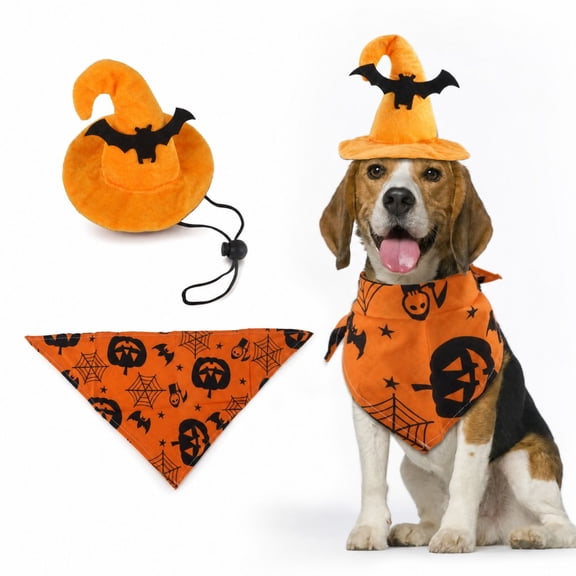 Dog Witch Hat for Halloween - Adjustable Bat Costume for Small Large Dogs & Cats | Witch Party Headband Supplies Pumpkin Photo Prop with Bandana Scarf, Orange