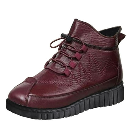 

Fsqjgq Women s Boots Wedge Heel Fashion Women Solid Color Autumn Thick Sole Flat Lace Up Short Booties Plush Keep Warm Winter Round Toe Shoes Snowy Boots Red 37