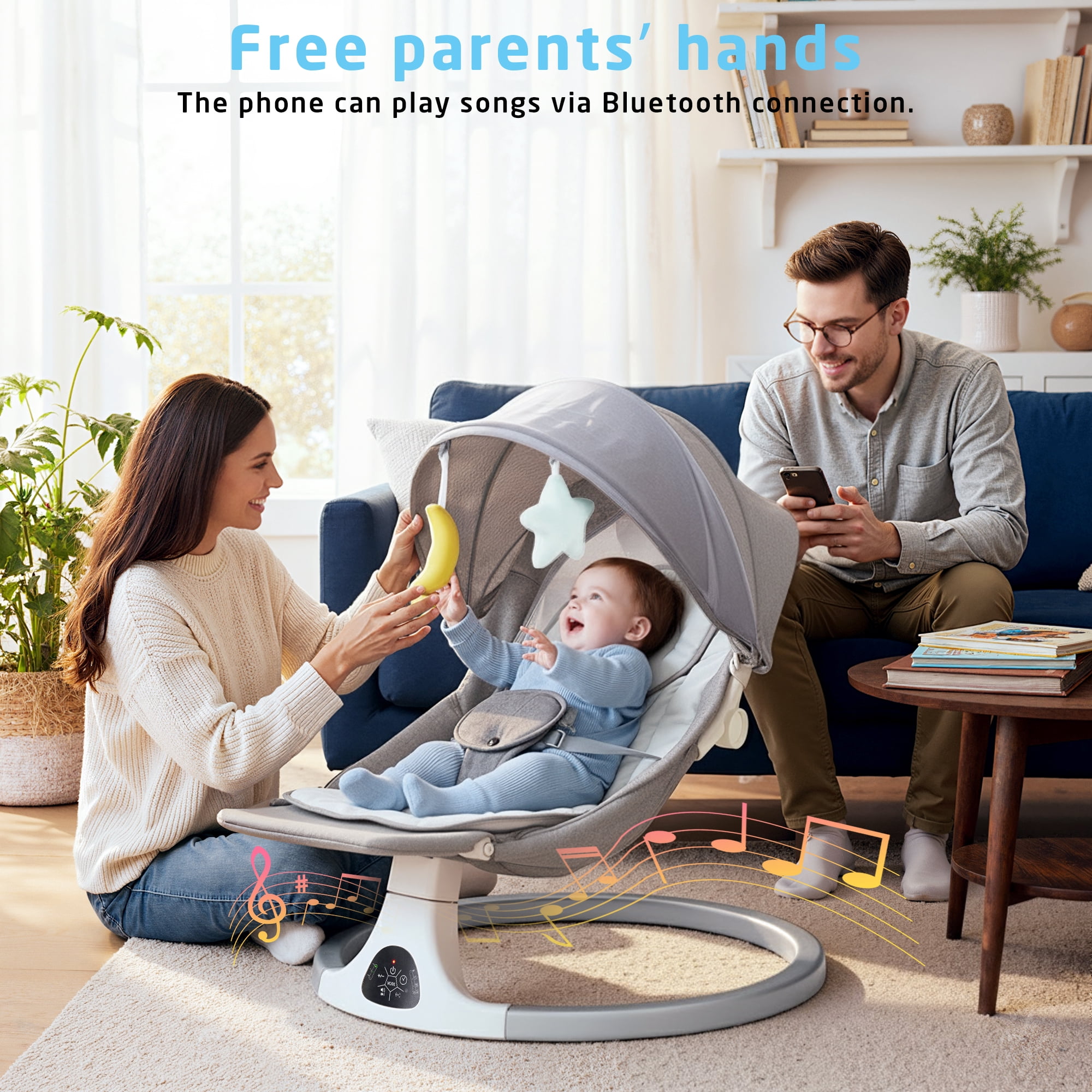 SACVON Portable Baby Swing, 5 Speed & Bluetooth Music, with Remote Control for Indoor Outdoor Use, for Infants 0-6 Months, Gray