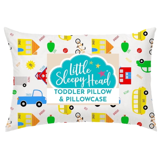 Little Sleepy Head Toddler Pillow with Pillowcase (Trucks N Cars) Best Pillow for Kids! 13x18"