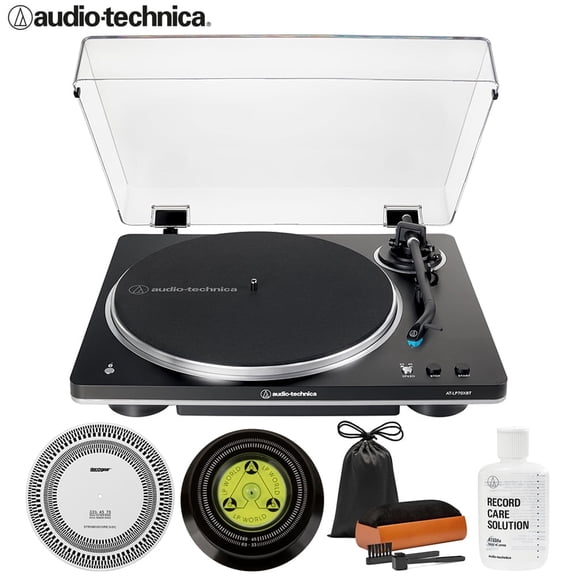 Audio-Technica AT-LP70XBT-BS Fully Automatic Wireless Belt-Drive Turntable, Black/Silver Bundle with Record Care Solution, Deco Gear Cleaning Kit, Stroboscope and Record Stabilizer
