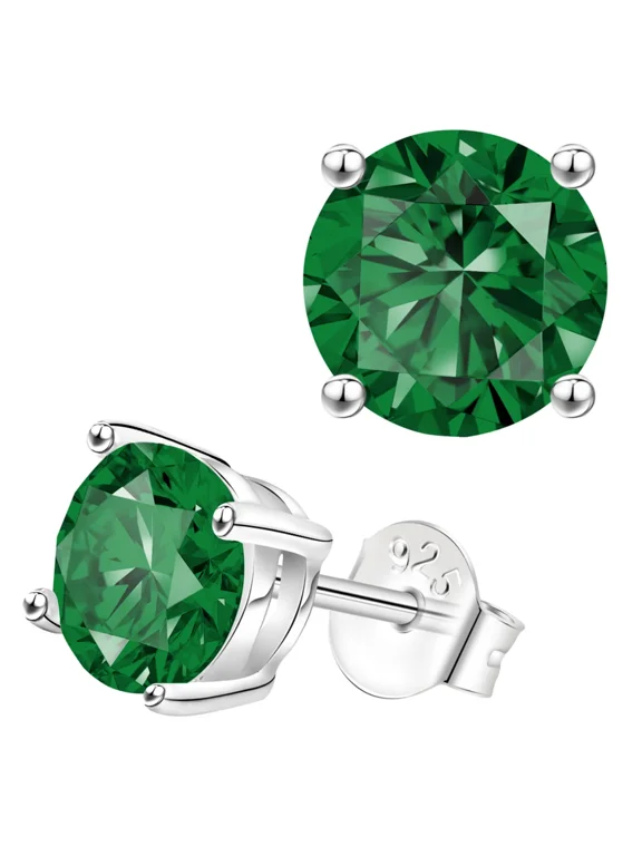 Women Sterling Silver Stud Earrings with Round Green Emerald May Birthstone Jewelry Adult Gift