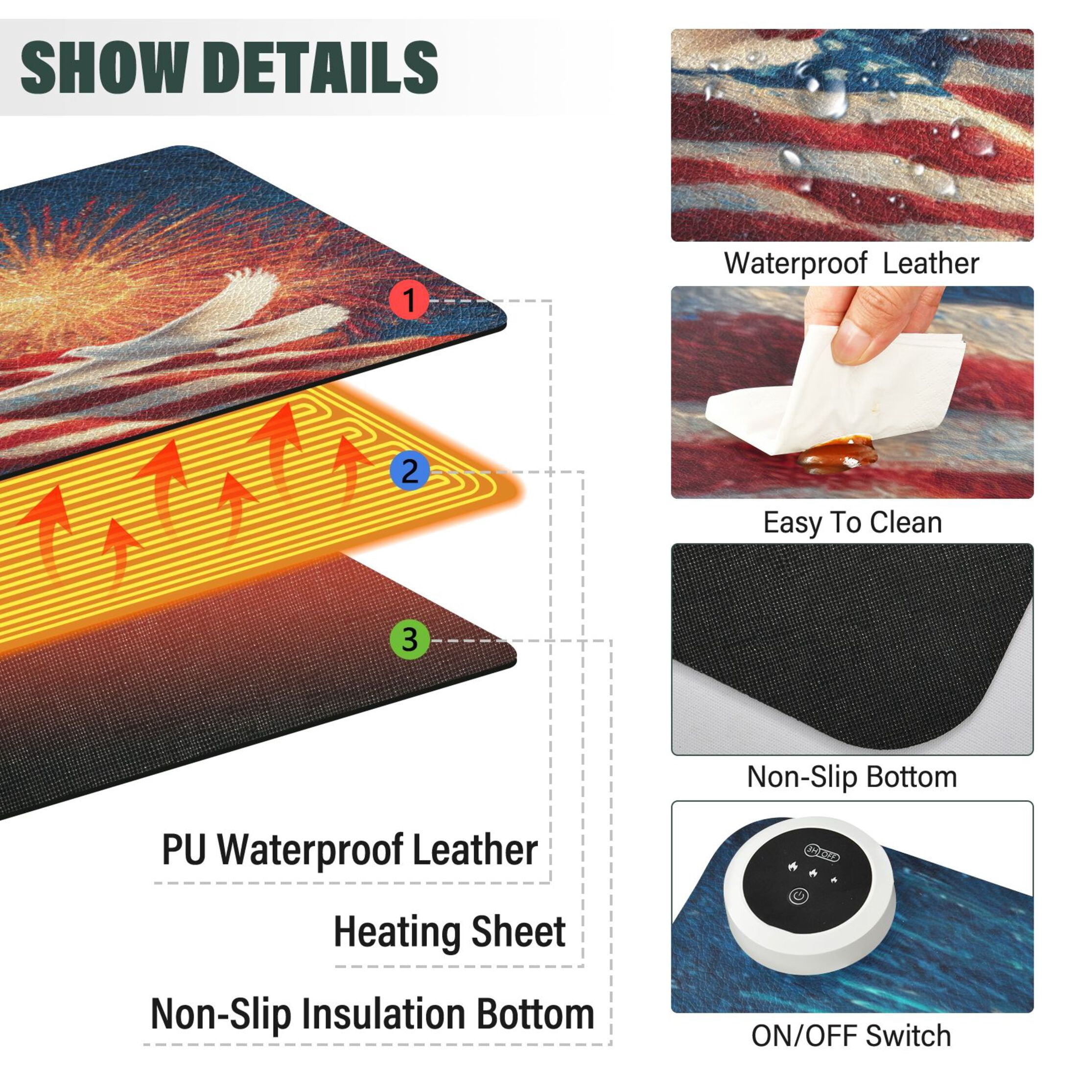 Large Heated Desk Mat Mouse Pad 31.5"x13"PU Leather Graphene Heating Desk Warmer with 3 Temperature Settings 110V US Plug Non-Slip Warm Pad for Home, Office, and Gaming White Dove and American Flag