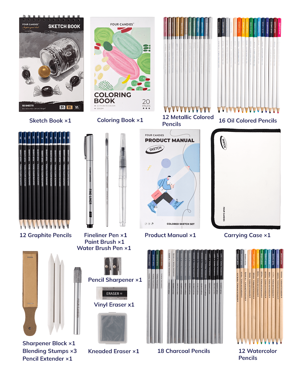 Four Candies Colored Sketching Set-85 Sketching Kit for Artist Gifts, Art Supplies, Drawing Set with Colored Pencils