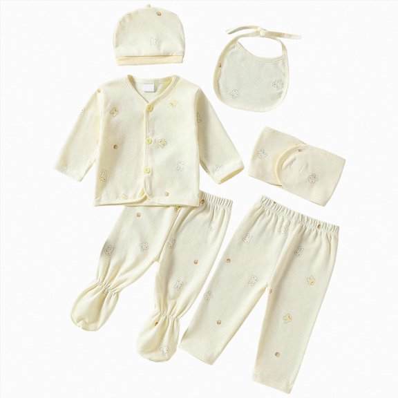 CAUYDY Preemie Girls Outfits Newborn Boys Fall Winter Clothes Baby Layette Long Sleeve Shirt Warm Hat 2Pants Bib 5Pcs Cotton Set for Unisex Infant Sizes 0-3 Months,Yellow