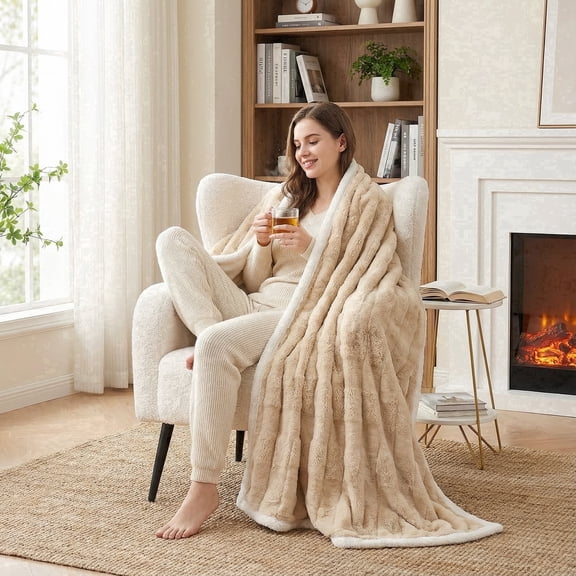 GASKY 50 x 70 inches Faux Rabbit Fur Blanket Soft Cozy Arctic Velvet Throw Blankets Light Brown for All Seasons