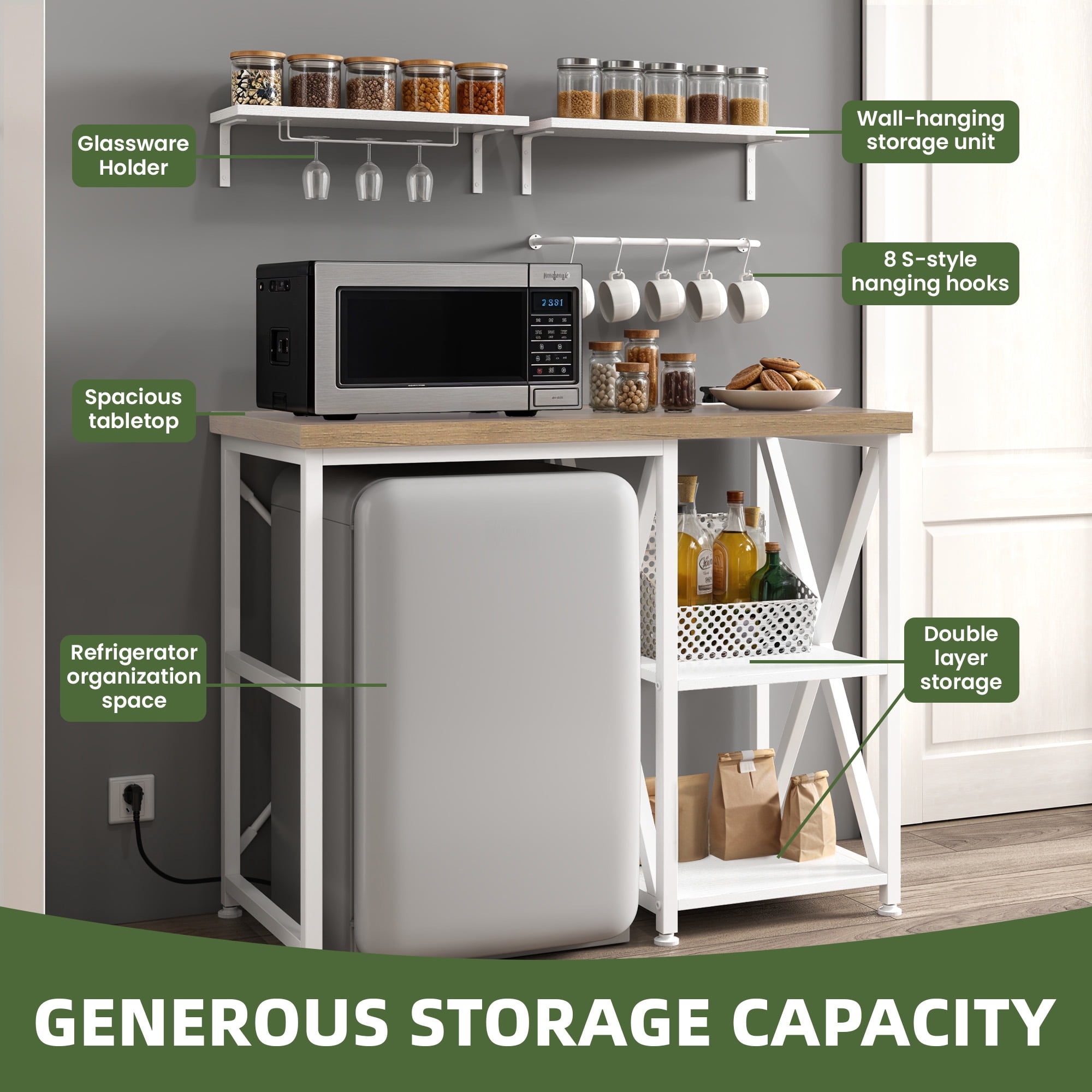 Uforic Kitchen Bakers Rack with Power Outlets & Wall Mount Storage Shelves, White