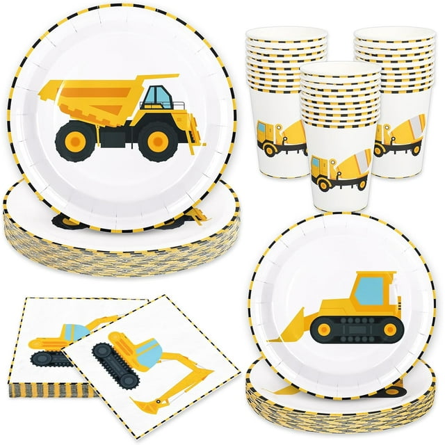 Whaline 96Pcs Construction Party Tableware Dump Truck Paper Plate Napkin Cup Yellow Black Disposable Dinnerware Set for 24 Guests Birthday Party Table Decor