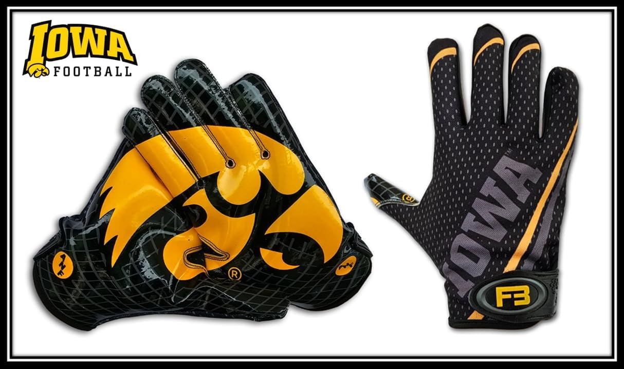 Scale Wear Design University of Iowa Hawkeyes Football Gloves with Super Stick-Tach Silicone Grip Palms. Men's & Youth Boys Sticky Football Receiver Gloves (Black, Adult-M)