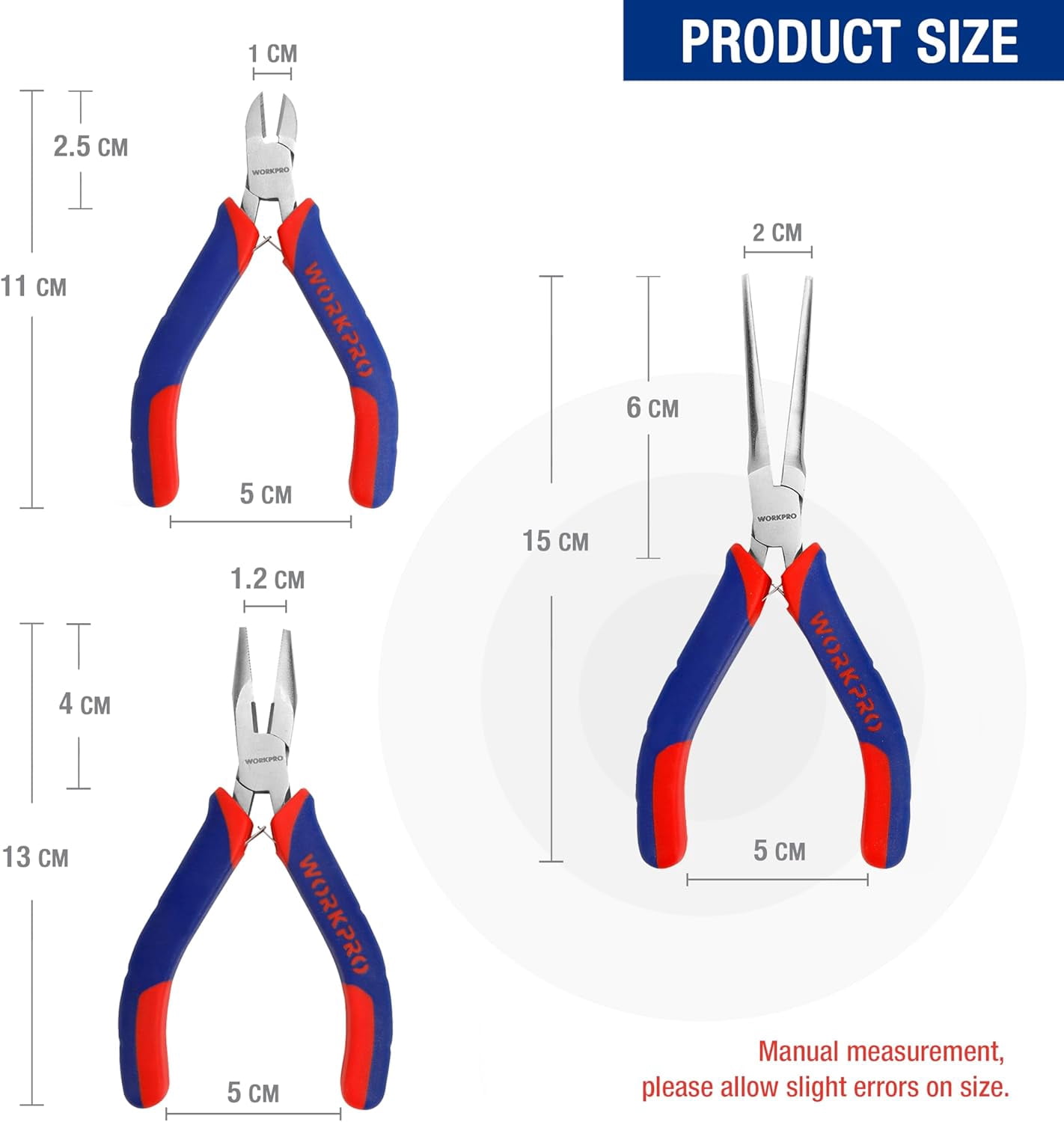 Mini Set, 3-Piece Small Tool Kit Includes 4” Diagonal Plier, 5” Long Nose Plier, 6” Needle Nose Plier, for Making Crafts, Repairing Electronic Devices