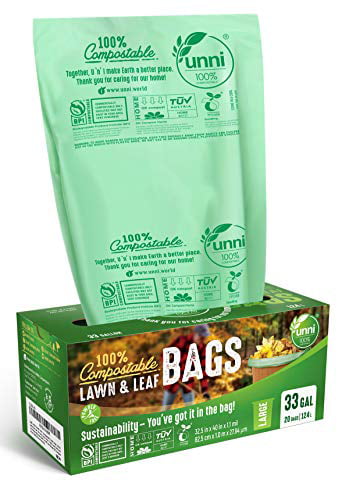 Lawn and Leaf Yard Waste Bag Non-GMO San Francisco Extra Thick 1.1 Mils UNNI ASTM D6400 100% Compostable Trash Bags US BPI and Europe OK Compost Home Certified 30-33 Gallon,124 Liter 20 Count