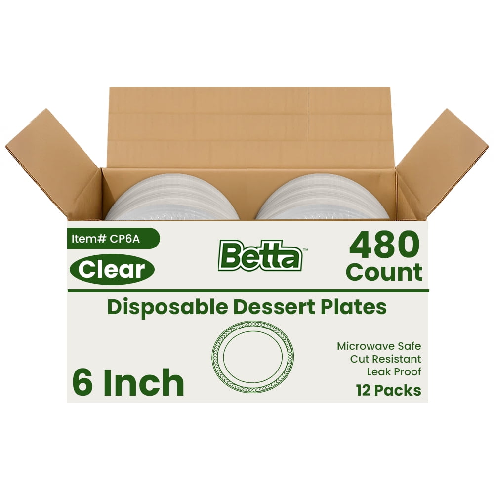 Betta 6-Inch Disposable Plastic Dessert Plates, Clear, 480 Count, Bulk Case, Microwave Safe (12 Pack Per Box x40)
