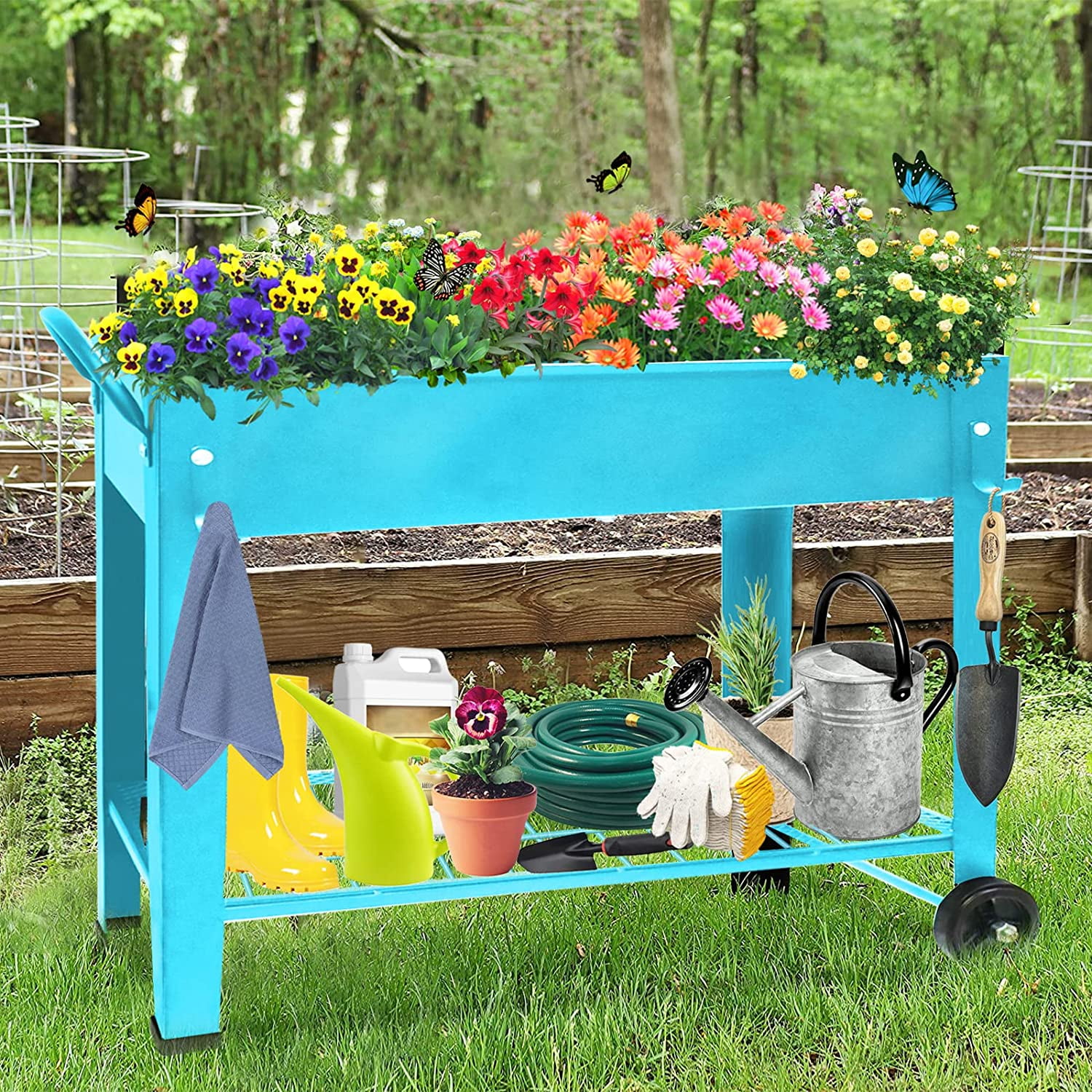 Aboxoo 40" x 11" x 31.5" Blue Steel Planter Box with Wheels