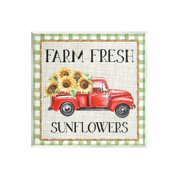 Stupell Gingham Farm Fresh Sunflowers Pattern Transportation Painting Wall Plaque Unframed Art Print Wall Art