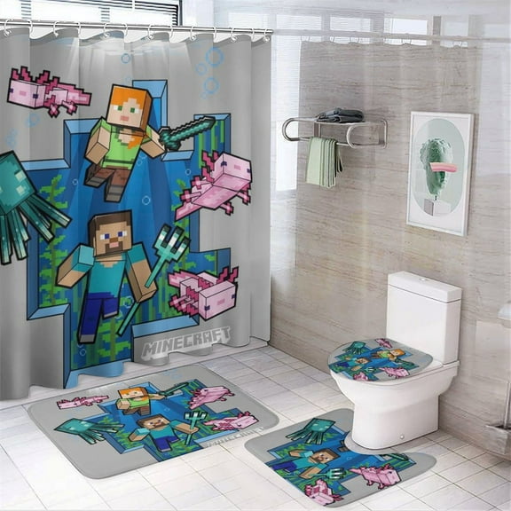 Minecraft Power 4 Pcs Shower Curtain Sets Non-Slip Rugs Bath Mat Toilet Cover U Shaped Mat for Bathroom Decor Bathroom Set 72" X 72"