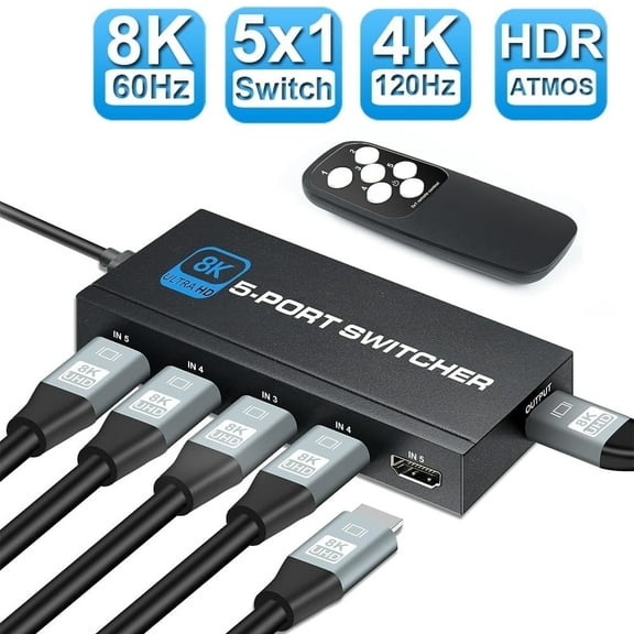 AUBEAMTO HDMI 2.1 Switch 5X1, Ultra HD 8K HDMI Switch Box with Remote Supports 4K@120Hz, 8K@60Hz Auto CEC 3D HDCP2.3, 5 Port HDMI Switcher Compatible with PS5/4/3, Xbox, TV,Projectors