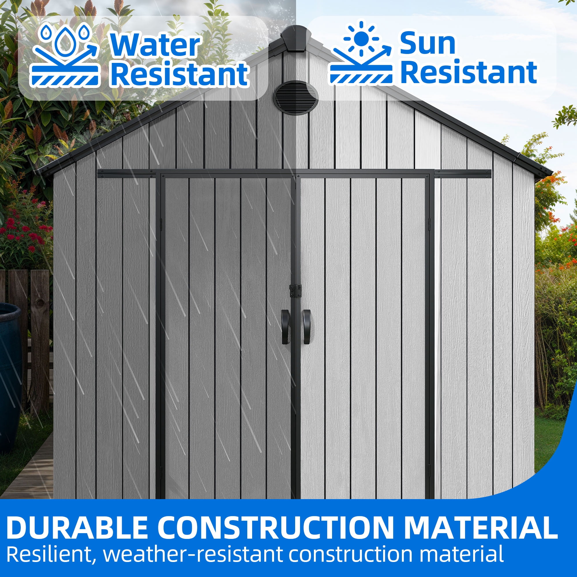 Uforic 8x10 FT Resin Storage Shed with Floor, Lockable Doors, 2 Vents & 2 Windows for Outdoors, Gray