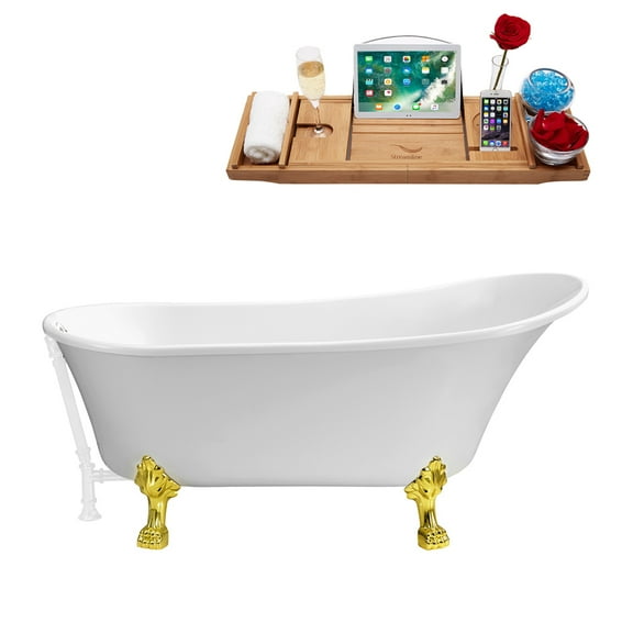 55" Streamline N343GLD-WH Clawfoot Tub and Tray With External Drain