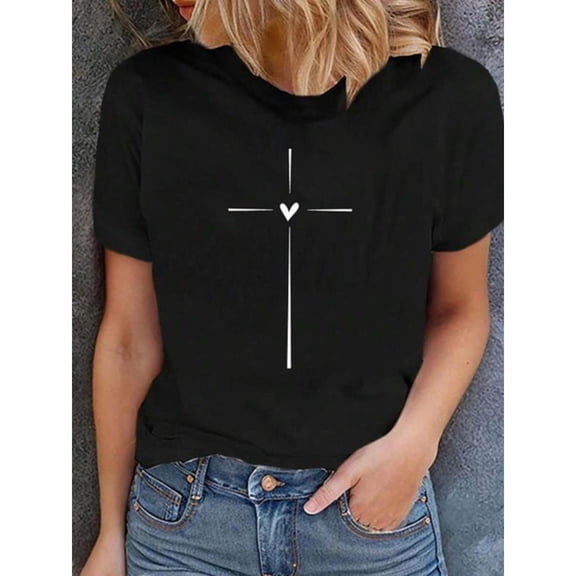 Cotton Women's Heart Cross Tee Casual Top Summer Daily Wear Short Sleeve Round Neck Black S-5XL