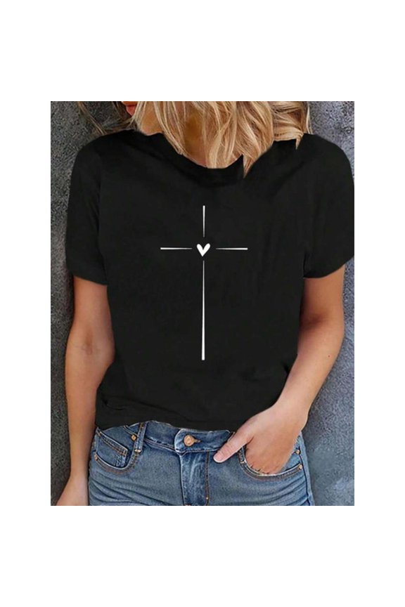 Commuting Cotton Heart Cross Tee Casual Top Summer Daily Wear Short Sleeve Round Neck Black S-5XL