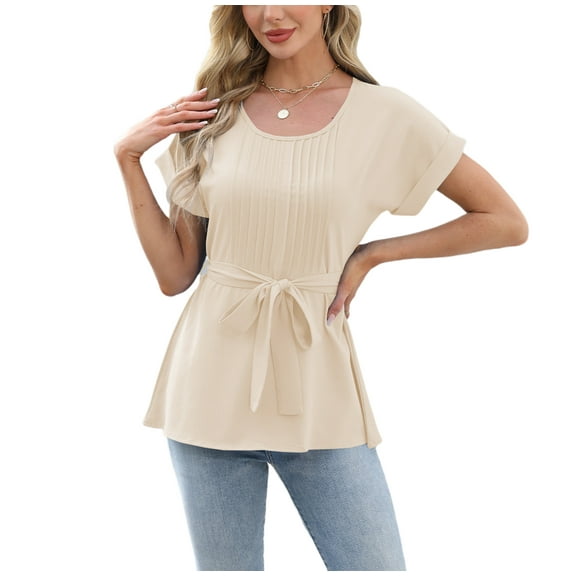Cizayoi Women's Casual Blouses Elegant Crew Neck Short Sleeve Shirts Peplum Tops