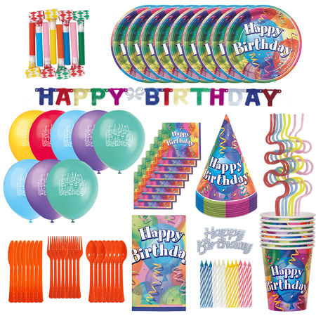 100 piece Birthday Party Kit for 8. Plates, Cups, Spoons, Forks, Knives ...