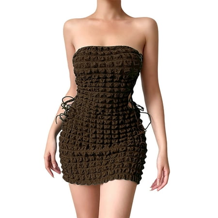 

LSFYSZD Women Summer Dress Off Shoulder Side Drawstring Solid Color Texture Pattern Sleeveless Slim Fit One Piece Skirt