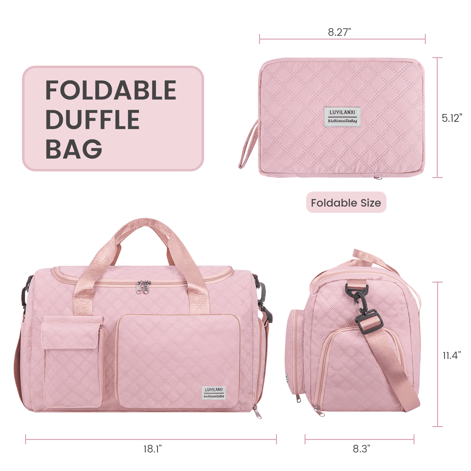 Travel Duffle Bag for Women Men, Foldable Weekender Bags Carry on Gym Bag with Wet Pocket/Adjustable Strap/Shoe Compartment, Waterproof Overnight Tote Bag for Plane Sports Dance, Pink