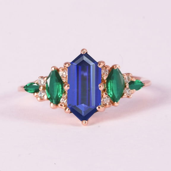 Hexagon Blue Sapphire & Marquise Emerald Vintage Ring, Unique Engagement Ring, 925 Sterling Silver Ring, Proposal Ring, Christmas Gift For Her