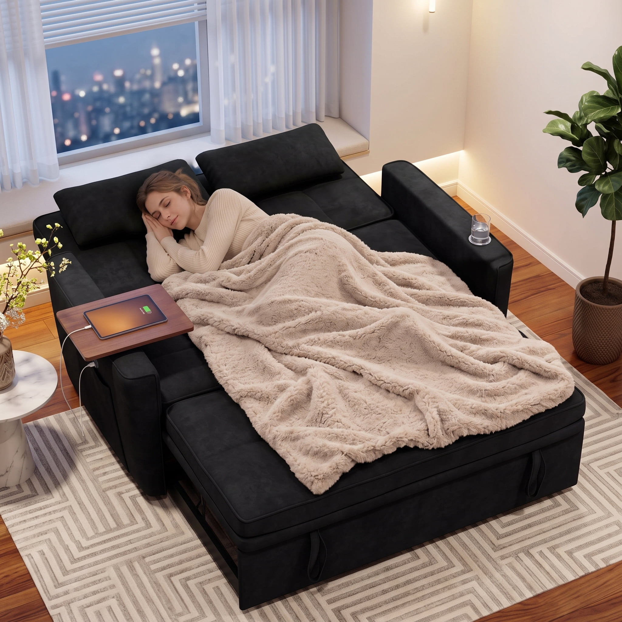 avobird 54'' Pull Out Sofa Bed, Convertible Sleeper Couch for for Living Room, Side Desk, USB Ports, Cup Hold, Velvet Fabric, Adjustable Backrest, Black