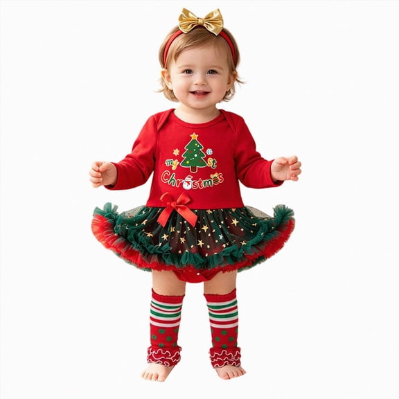 YDFCWXW Baby Girls My First 1st Xmas Princess Tutu Romper Headband Socks Newborn Christmas Clothes (Red, 12-18 Months)