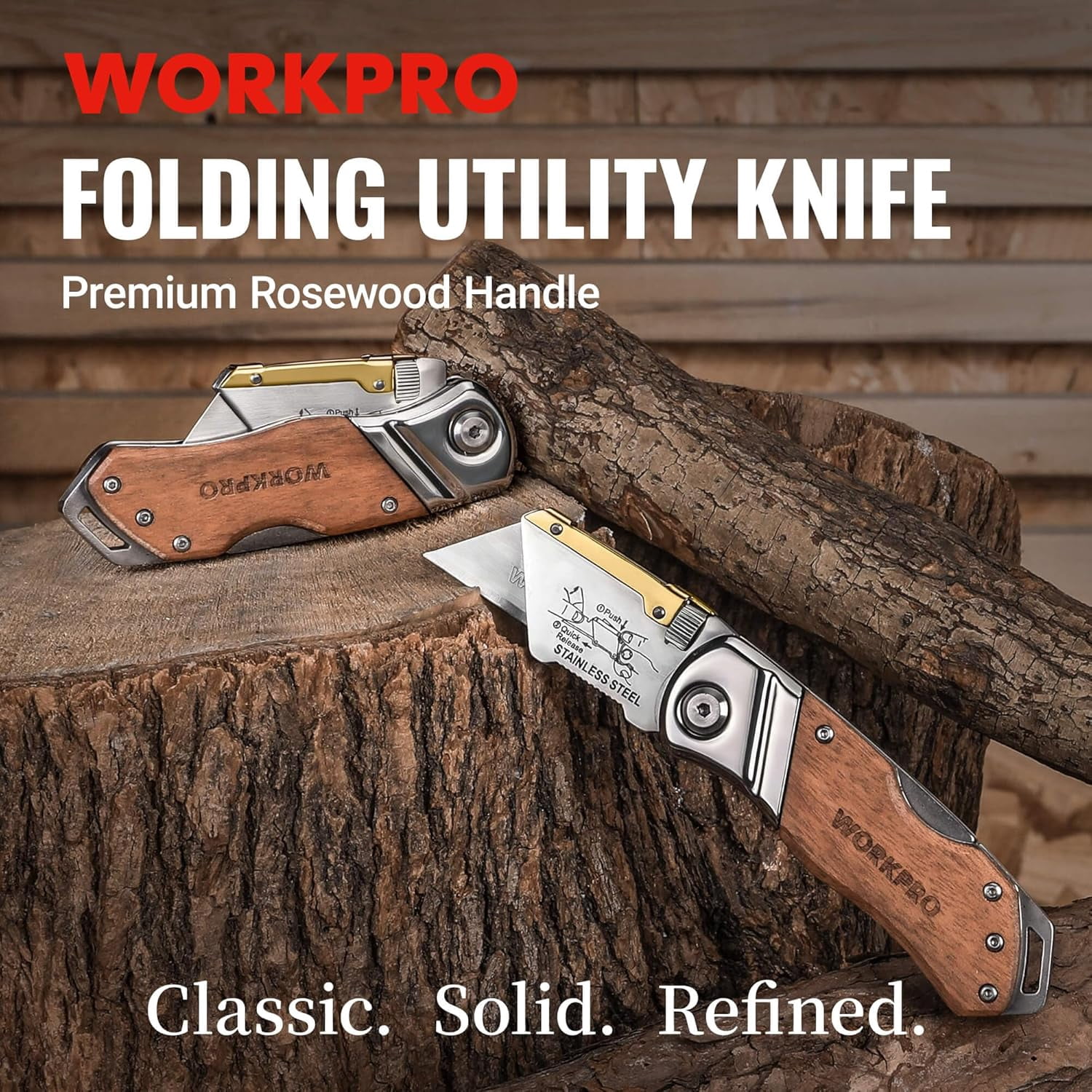 Folding Utility Knife with Belt Clip and Extra 10-piece Blades, Wood Handle Heavy Duty Cutter, Quick-change & Back Lock