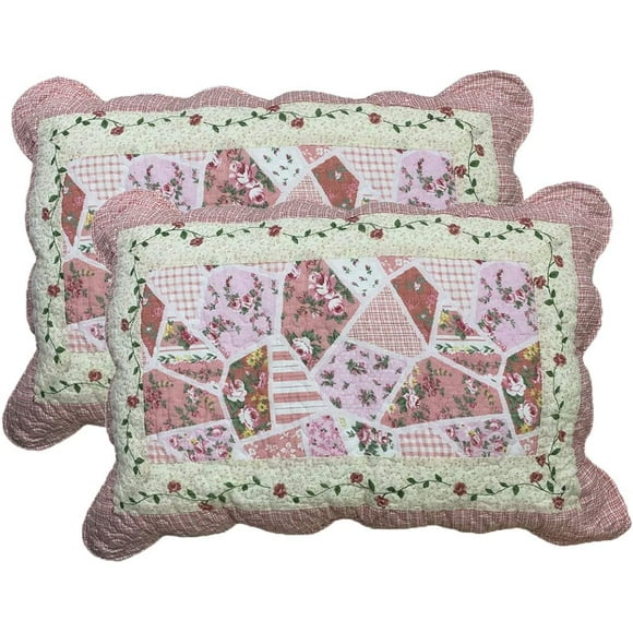 2-Piece Boho Cotton Quilted Bed Pillow Shams Floral Printed Patchwork Pillow Shams Set, Standard Size (1221 Pink, 20"x28")