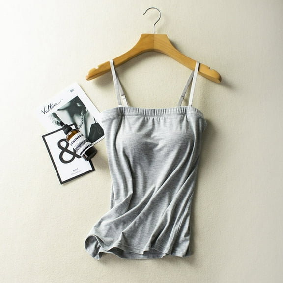 SNKSDGM Female Tank Top for Women Plus Size 2X Women's Tank Tops with Built in Bra Crop Women Rimless Brat Integrated with Chest Pads Flat Sling Solid Color Vest Bottoming Shirt L