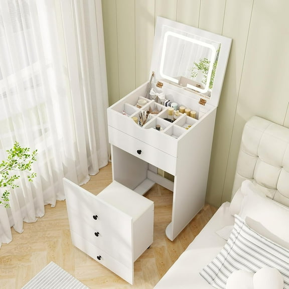 CHARMAID Small Vanity Desk Set, Makeup Vanity Table with Flip-up Lighted Mirror, Storage , 2 Drawers, 8 Wheels, White Girls Dressing Table Nightstand for Small Space Bedroom