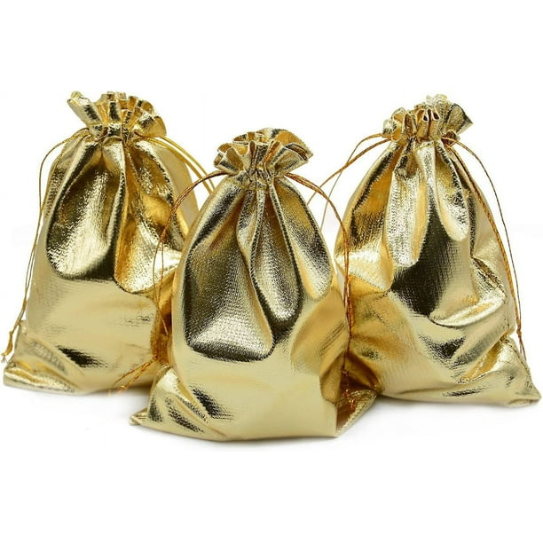 Paquete de 100 bolsas de organza con cordón dorado de 3,54 x 4,72 pulgadas, resistentes, para joyas, regalos de boda, fiestas, regalos de Navidad, bolsas de dulces y chocolate (doradas, 3,54 x 4,72 pu