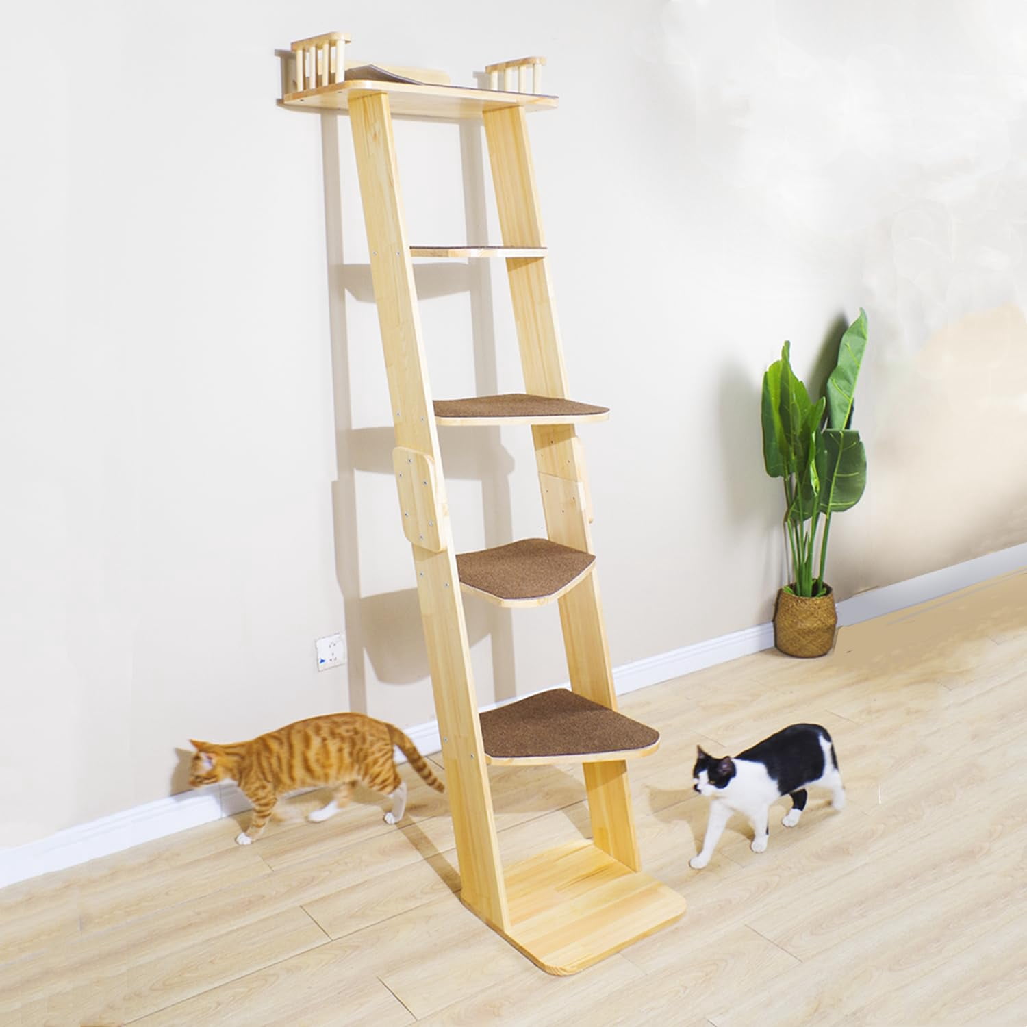 Modern 70" Tall 6 Level Leaning Cat Climbing Ladder Tree Tower Condo With Large Perch Platform For Window Wall  Solid Wood Furniture Shelves Multiple Cats