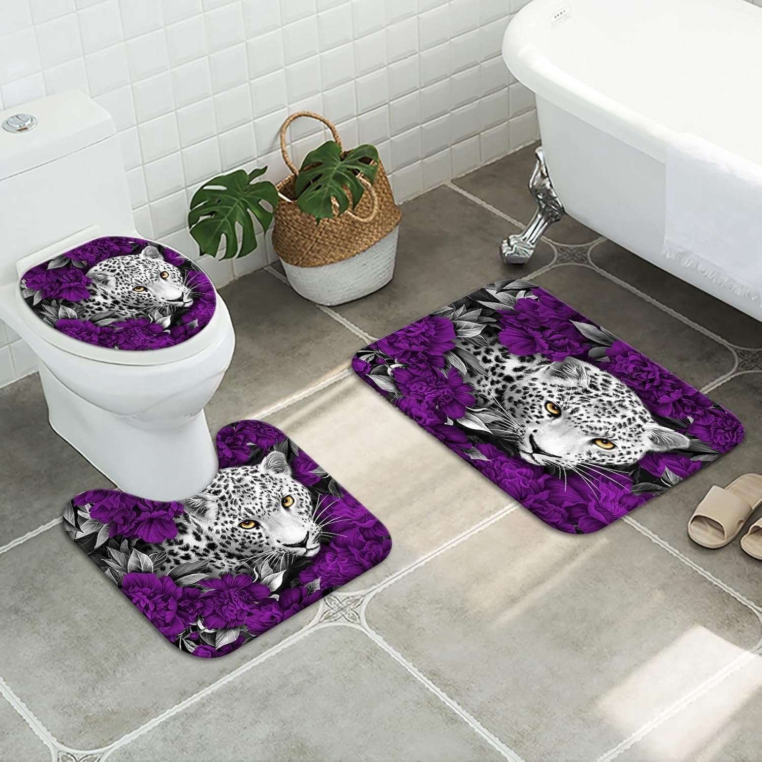 Purple Shower Curtain Set Leopard Shower Curtain Purple Bathroom Sets with Shower Curtain and Rugs, Set of 4 Piece (Purple)