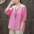 thumbnail image 4 of Wenyuyu Women's Cotton Linen Shirts Retro Embroidered Solid Round Neck Tops Casual 3/4 Sleeve Loose Fit Lightweight Shirts, 4 of 5