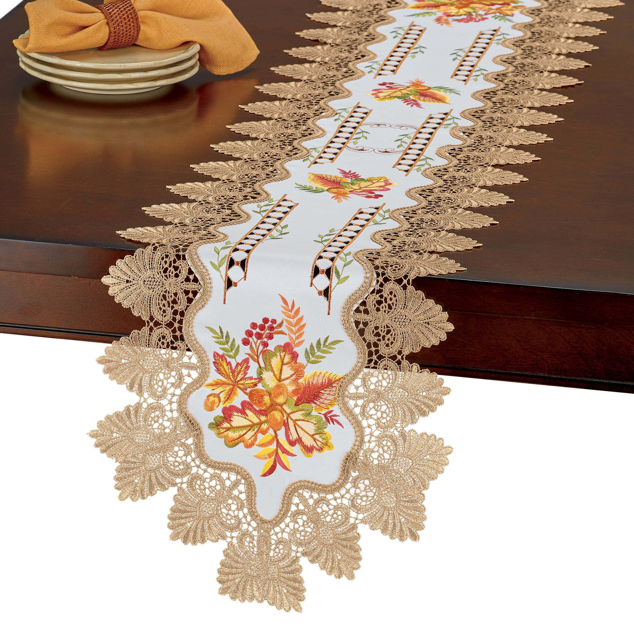 Autumn Fall Doily Table Runner Tablecloth Linen-look Green Beige Embroidery