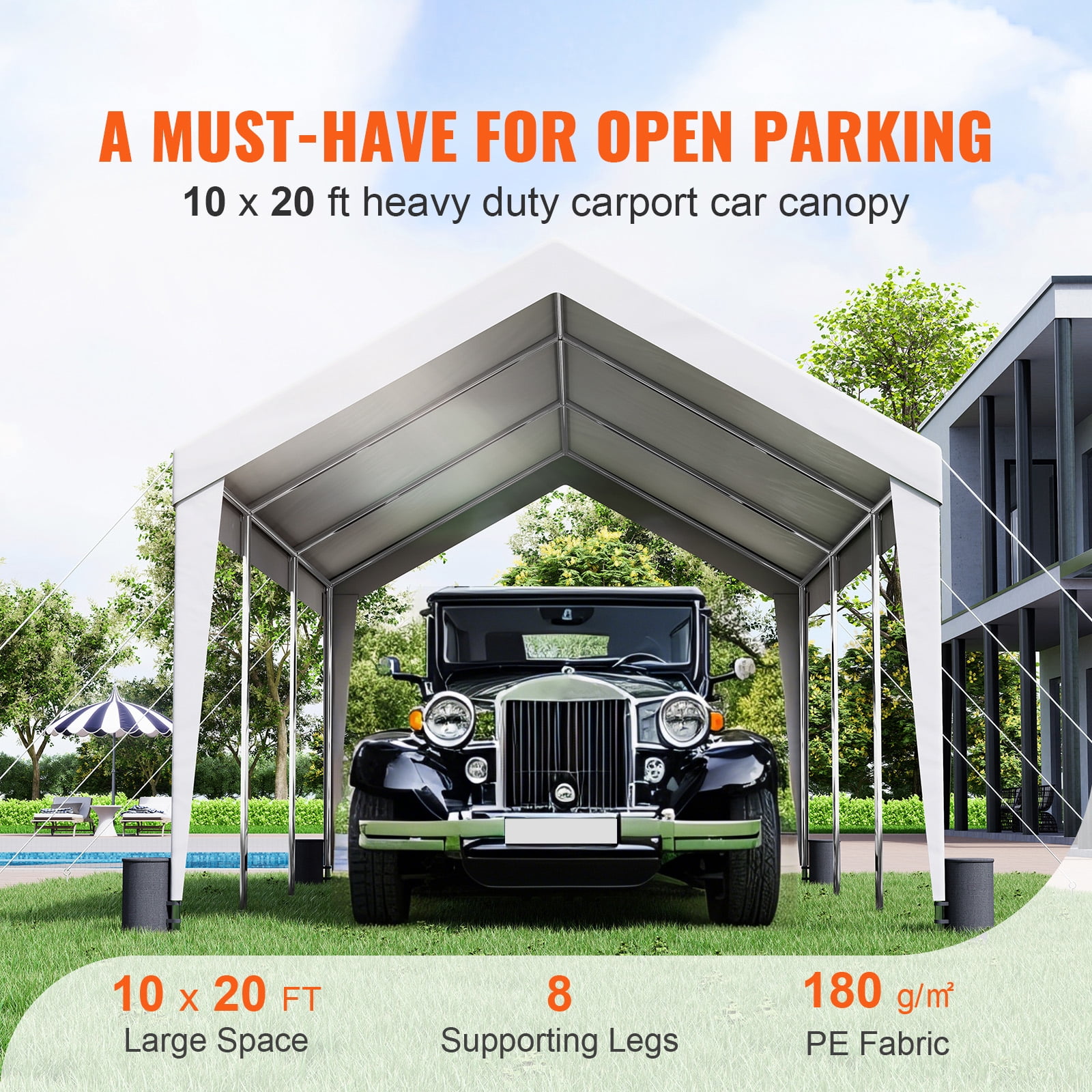 KFFKFF Carport Car Canopy Garage Shelter Tent 10x20ft with 8 poles for car boat