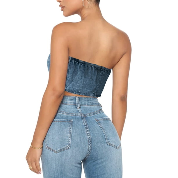 Boiiwant Women's Denim Strapless Corset Jeans Tops Push Up Bustier