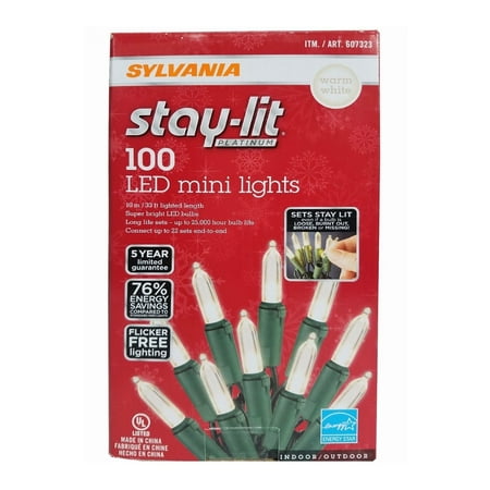 Sylvania Stay-Lit Platinum LED Indoor/Outdoor Christmas String Lights Warm White, 100 ct mini lights