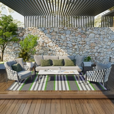Outsunny RV Mat, Outdoor Patio Rug / Large Camping Carpet with Carrying Bag, 9' x 12', Waterproof Plastic Straw, Reversible, Gray & Green Striped