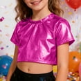 thumbnail image 2 of Huowey Shirt For Girls Shine Sequins Shirts Crop Top Short Sleeve Round Neck Carnival Performance Glitter Sequin Stretch Tee Dancewear Graphic Cotton Tee Top,Hot Pink,17-18 Years, 2 of 4