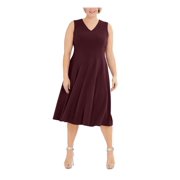 CALVIN KLEIN Womens Purple Zippered Pleated Sleeveless V Neck Below The Knee Wear To Work Fit + Flare Dress Plus 14W