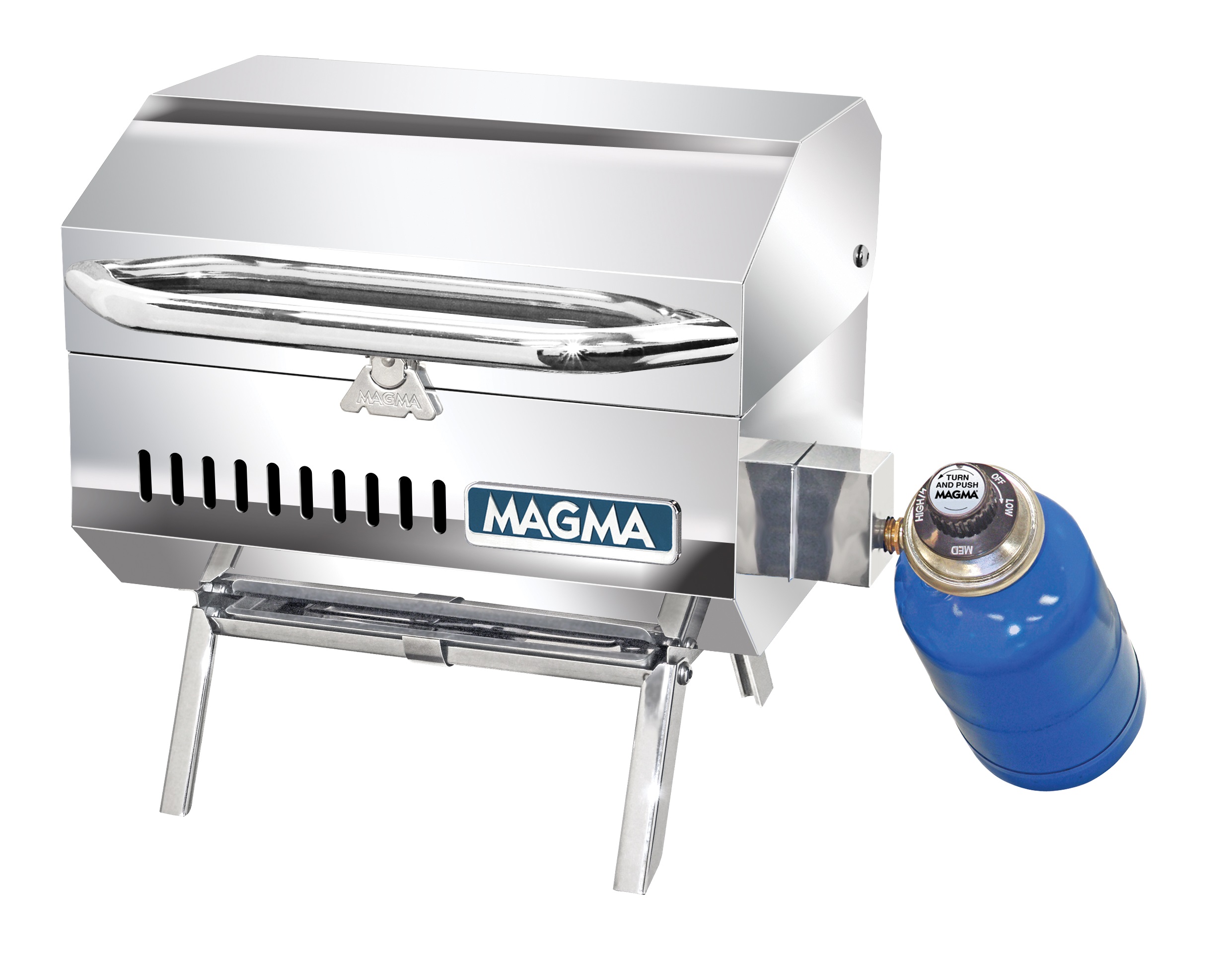 Magma A10-801 TrailMate Compact Portable Gas Grill | Marine Grade 304 Stainless Steel BBQ with Fold-Away Legs | Ideal for Boat, RV, Camping, Tailgating (9"x12")