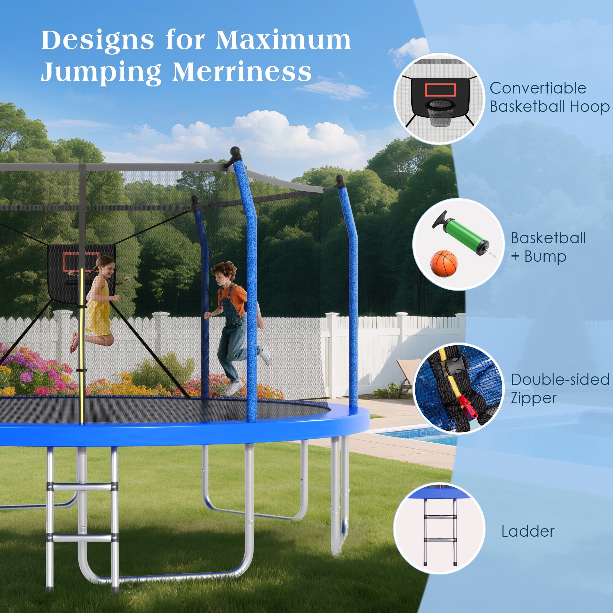EUROCO 14FT Trampoline for Kids and Adults with Lights, Basketball Hoop, Enclosure Net & Ladder, Outdoor Round Trampoline, Easy to Assemble