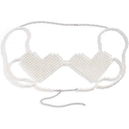 HLSOHJP Heart Pearls Bra Top Chest Bikini Halter Crop Top Body Chain Jewerly for Festival Party Top